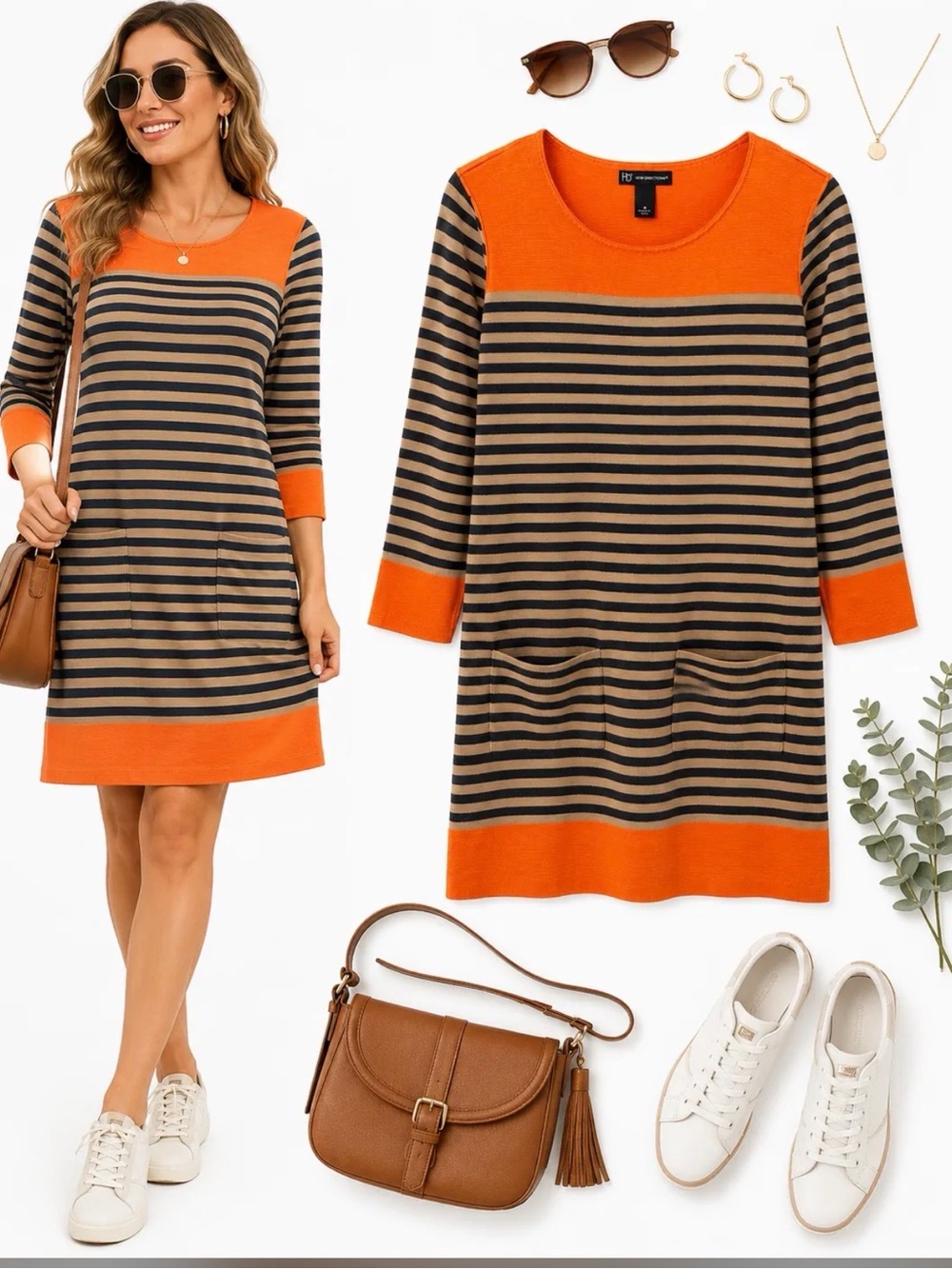 new directions Orange and Brown Striped Knit Midi Dress